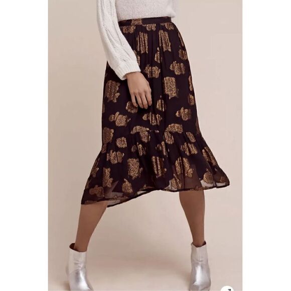 Anthropologie Floreat Oralie Metallic Ruffle Hem Midi Skirt Black Brown Size 4 - Picture 1 of 7